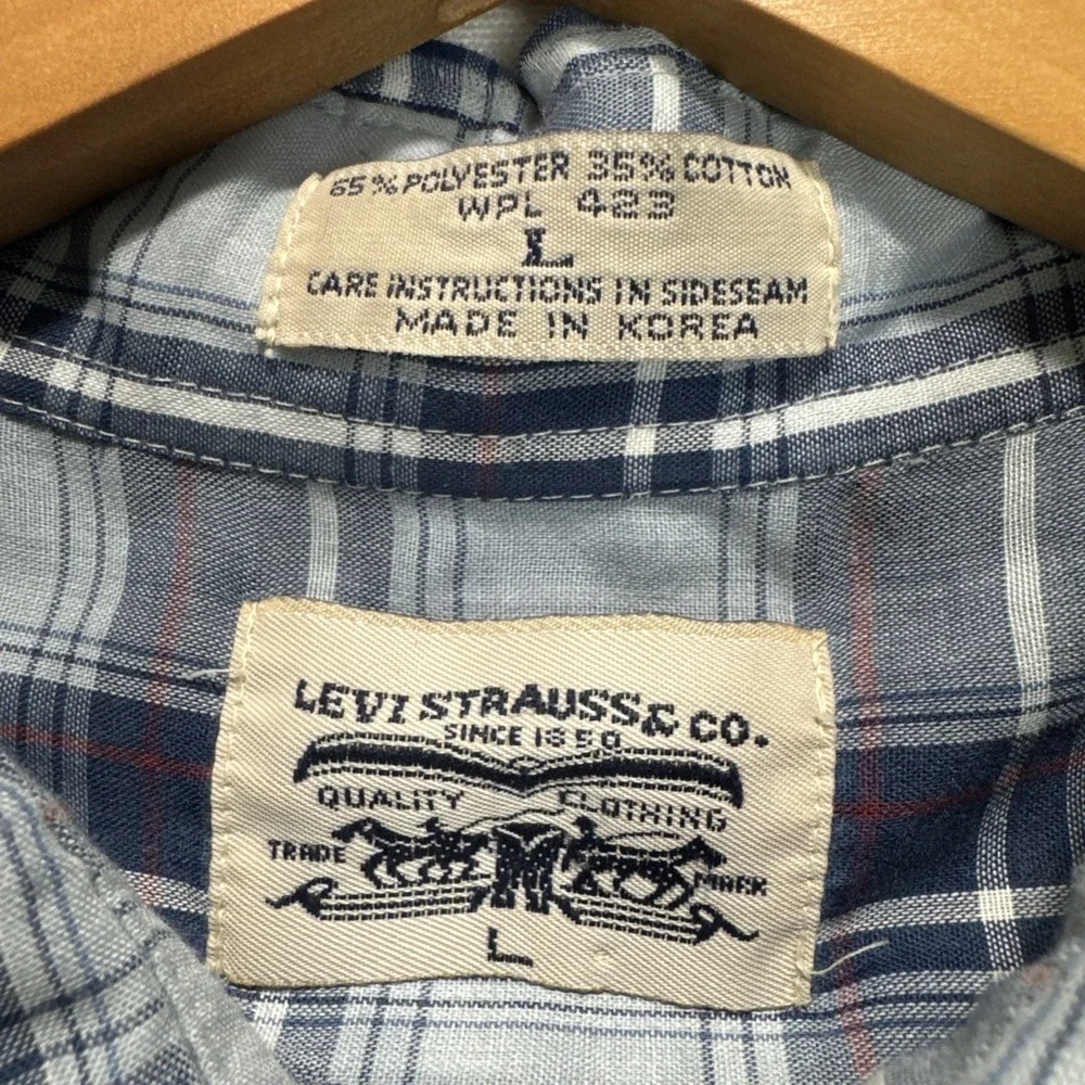 VTG Rare LEVIs Button Dress Shirt sz L Blue Madras Plaid 70 Light Korea Made - Picture 3 of 9